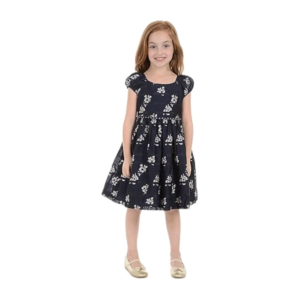 Laura Ashley London Dress Girls 4 Navy Floral Cap Sleeve Beaded Waist Embroidery